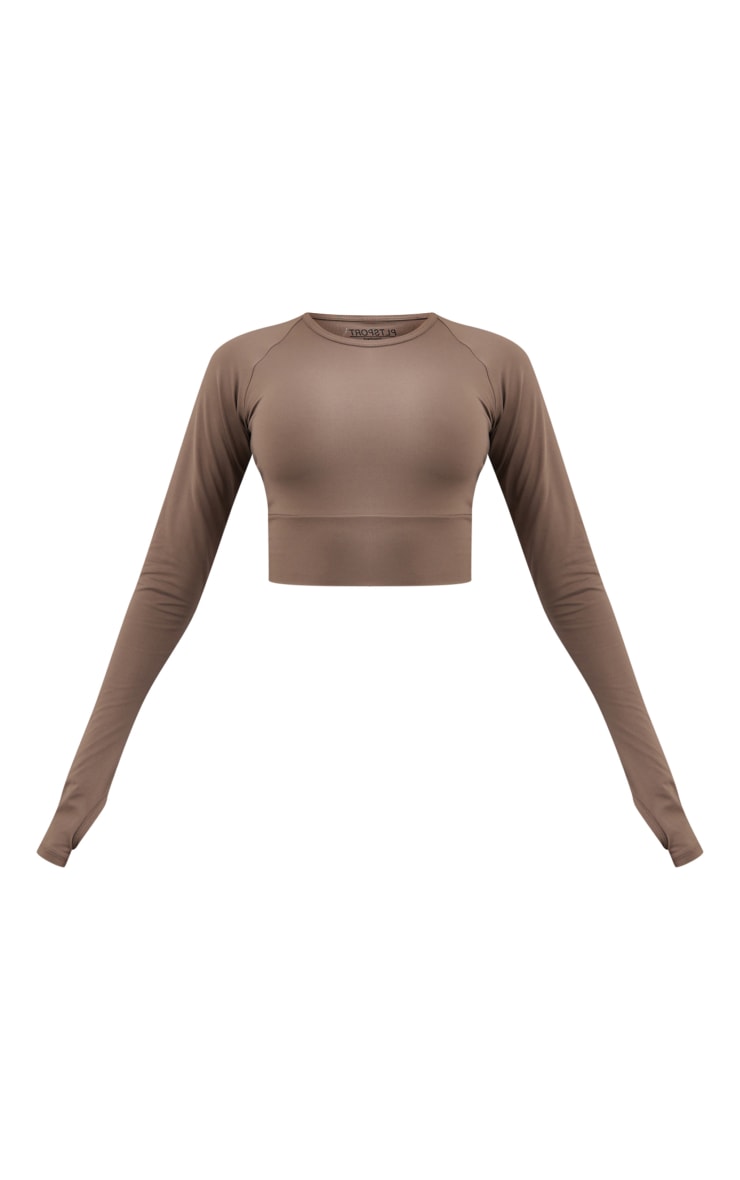 PRETTYLITTLETHING Brown Sport Sculpt Cut Out Back Long Sleeve Crop  Top image 5