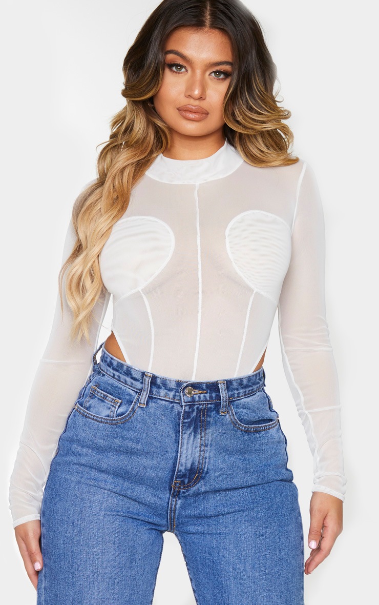 Body-string blanc en mesh à parties contrastées et col haut
