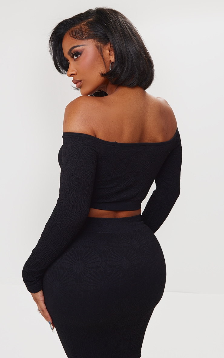 Shape Black Textured Seamless Bardot Long Sleeve Crop Top image 2