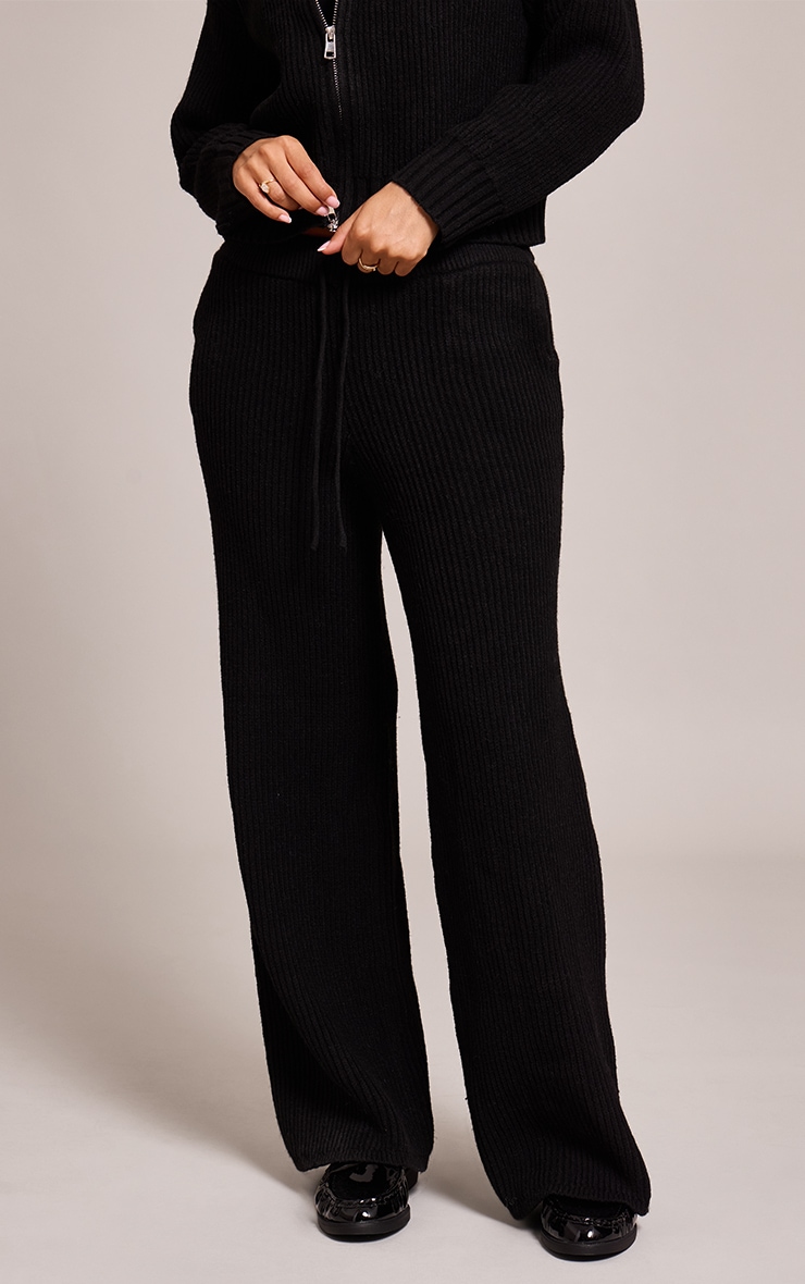 Petite Black Brushed Rib Knit Draw String Pant image 2