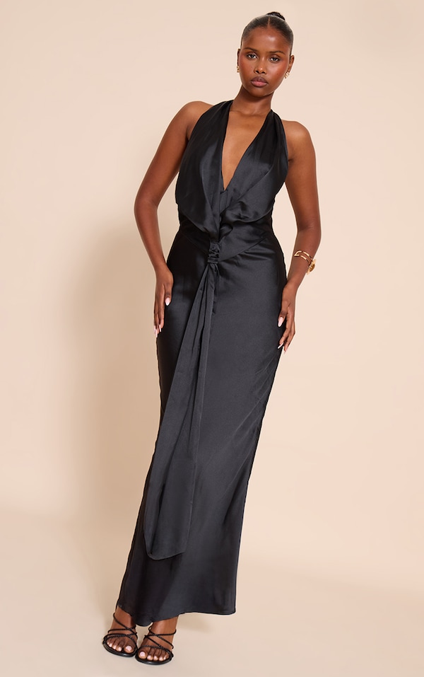 Black Satin Knot Detail Maxi Dress