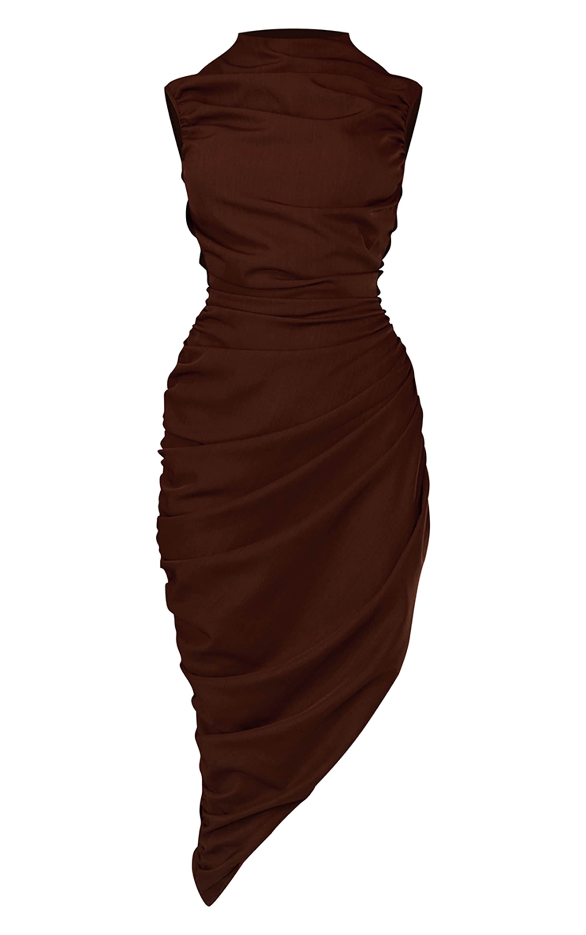 PLT Label Chocolate Brown Ruched Asymmetric Midaxi Dress image 5