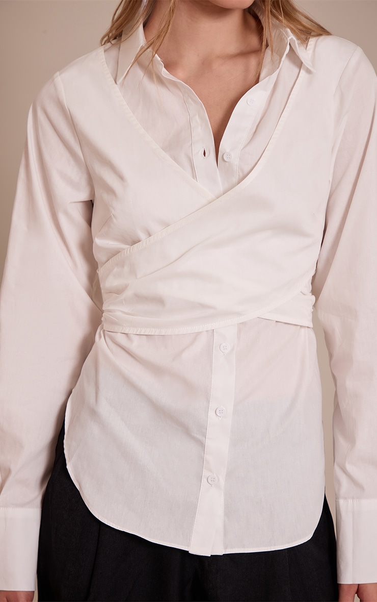 White Cotton Wrap Detail Longline Shirt image 4