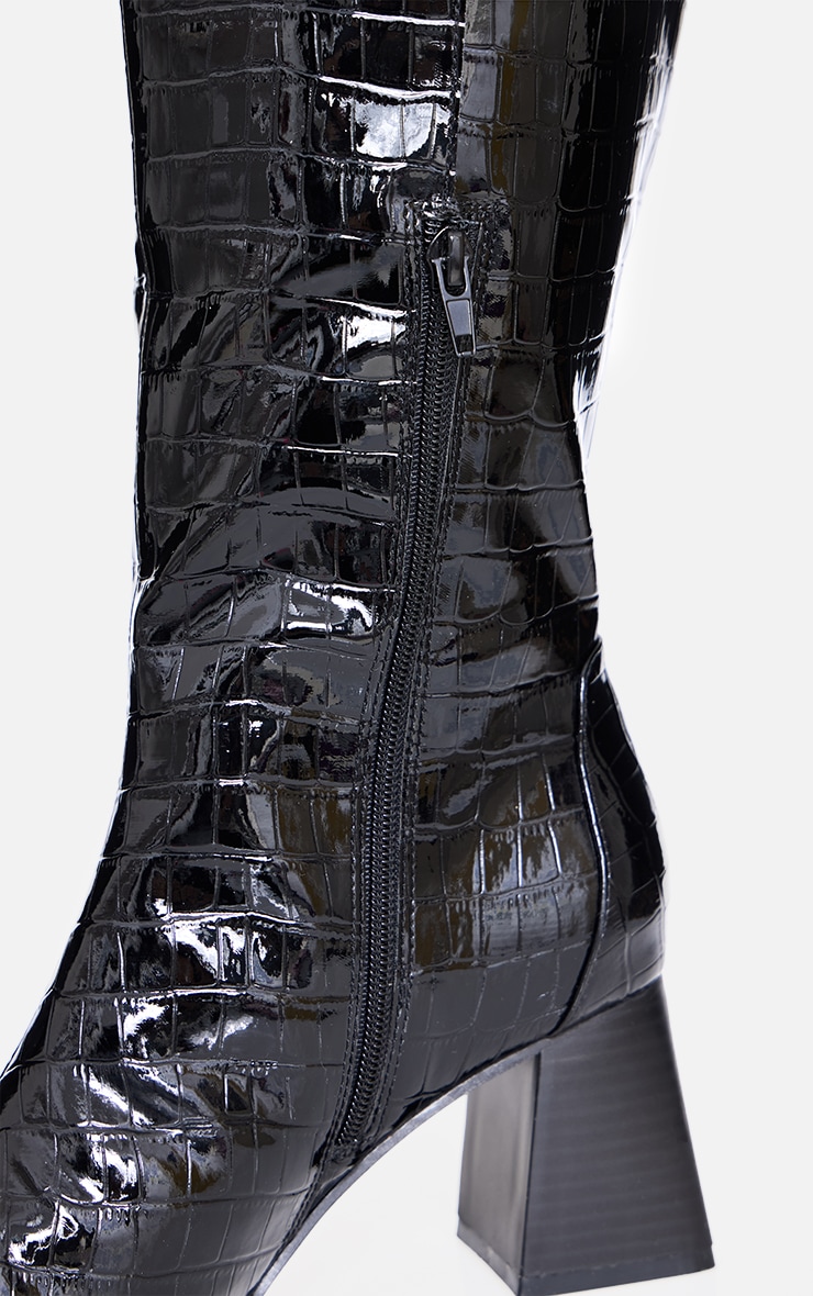 Black Croc PU Wide Fit Round Toe High Block Heel Knee High Boots image 4