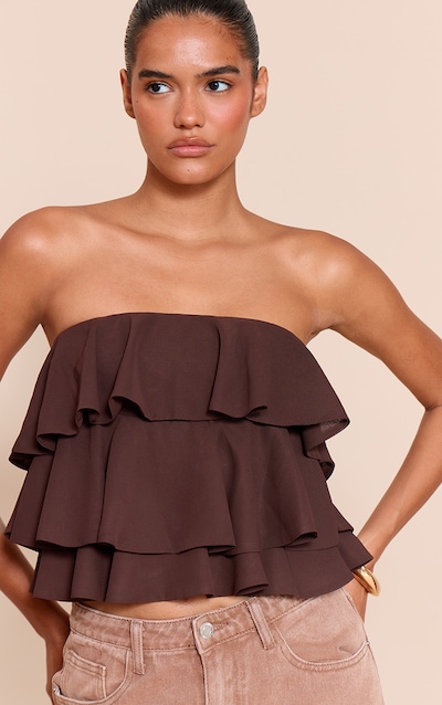 Bustier en mousseline de soie chocolat à volants