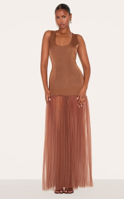 Robe longue chocolat à col rond et taille tombante