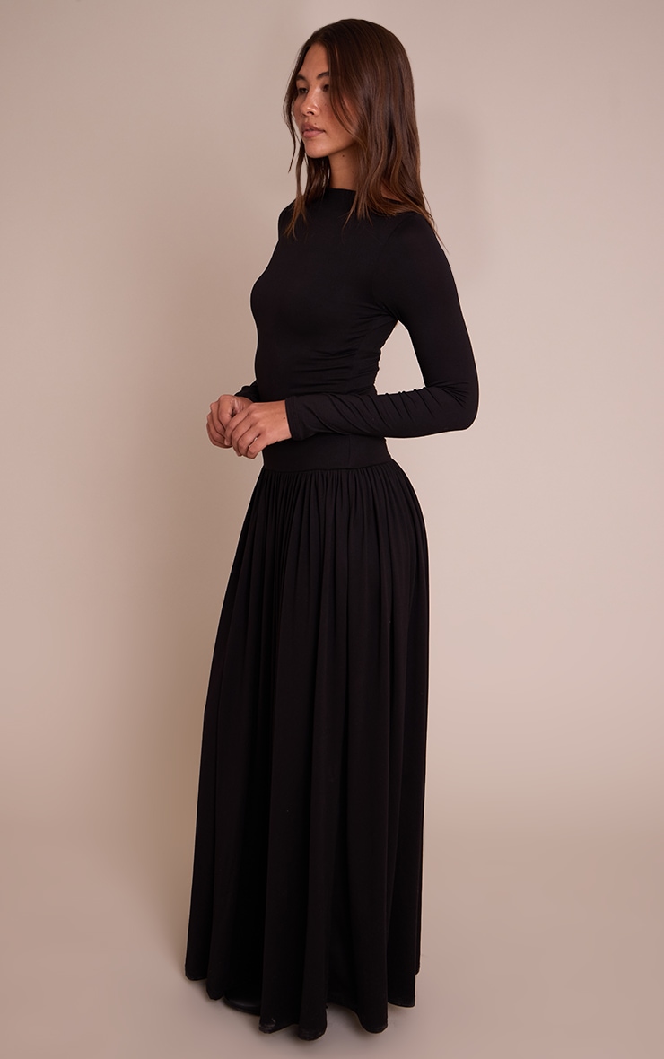 Black Double Layer Jersey Dropped Waist Long Sleeve Maxi Dress image 3