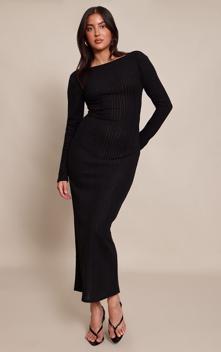 Black Ribbed Low Back Detail Long Sleeve Maxi Dress image 1