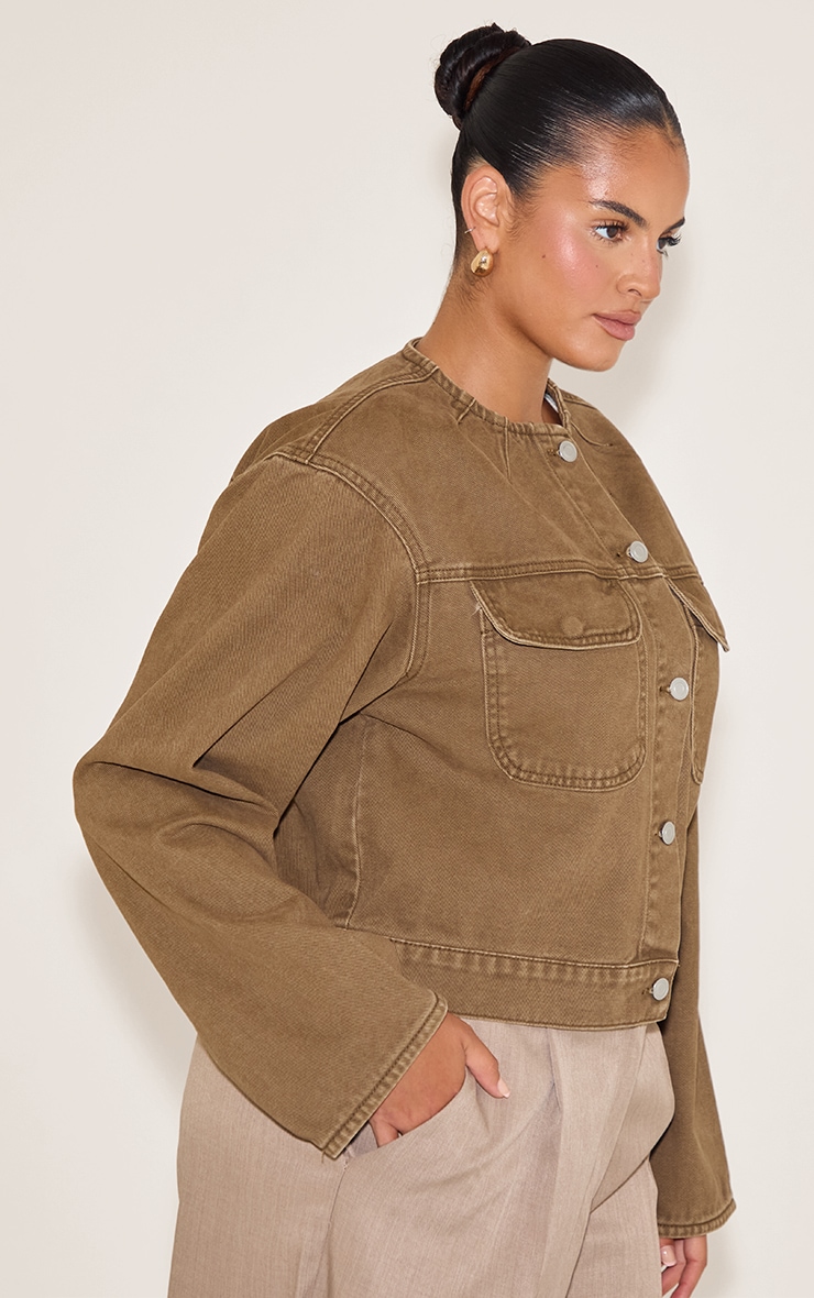 Plus Brown Collarless Detail Denim Jacket image 3