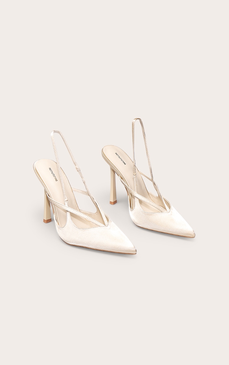 PLT Label Champagne Satin Sling Back Strappy Stiletto Heel Court image 2
