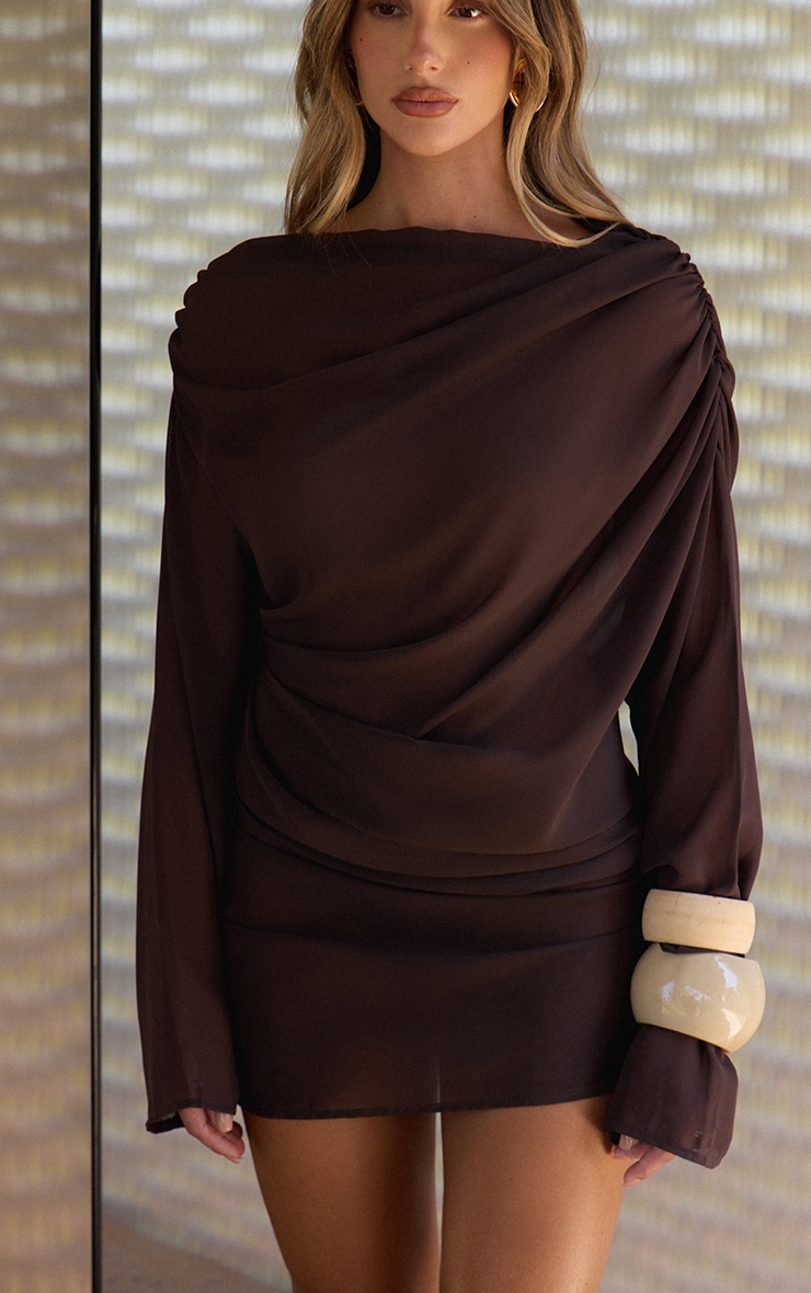 Dark Chocolate Chiffon Sheer Drape Bodycon Dress