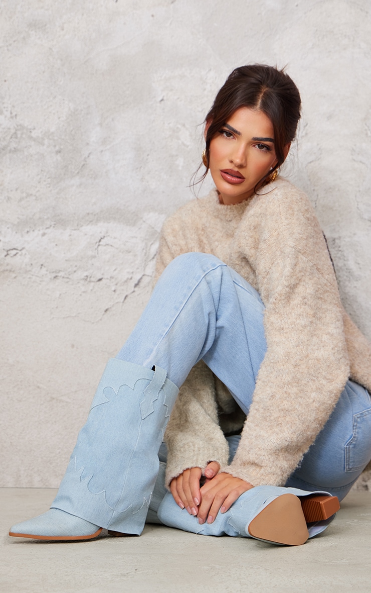 Blue Denim Point Toe Block Heel Fold Over Western Boot image 1