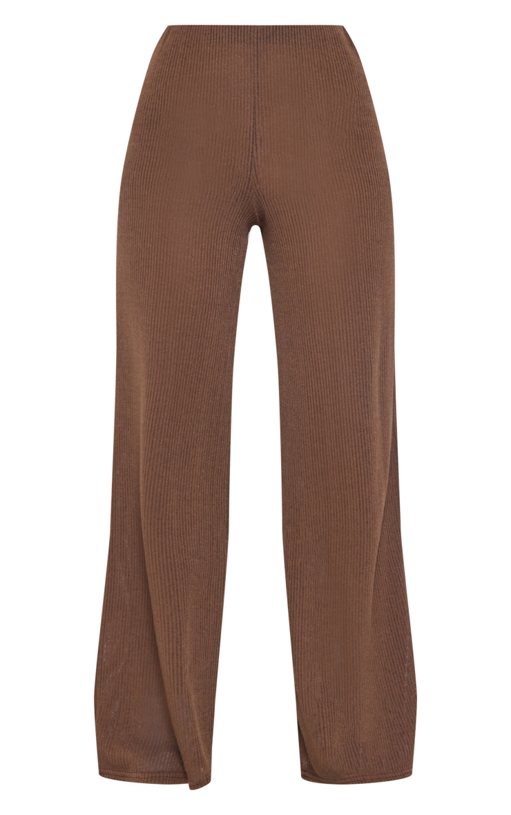 Tall Mocha Brown Ribbed Sheer Flared Trousers image 5