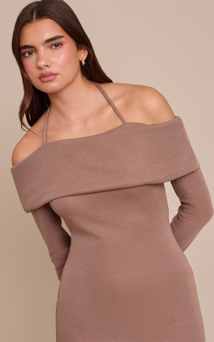 Taupe Textured Jersey Bardot Mini Dress image 4
