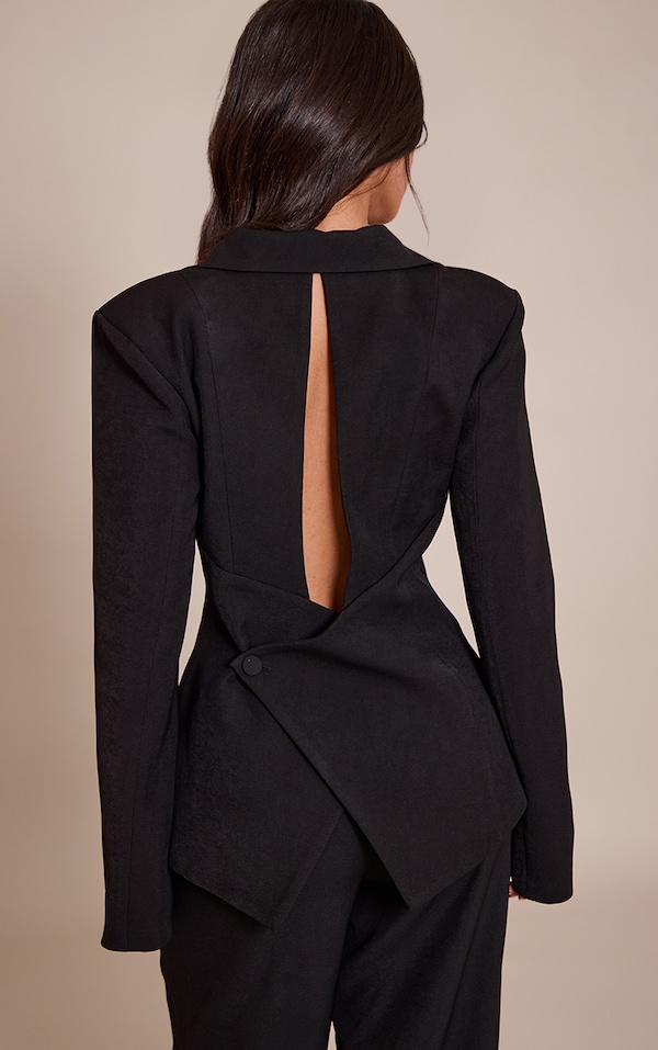 Petite Black Cinched Waist Open Back Blazer