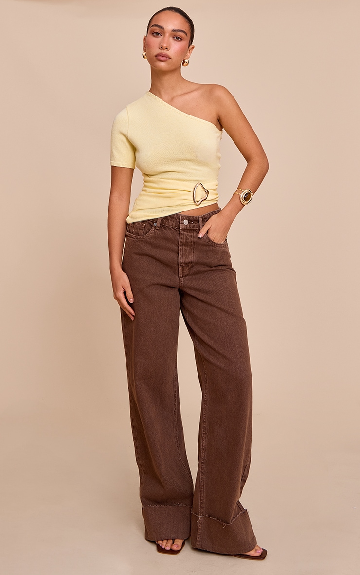 Yellow One Shoulder Asymmetric Trim Detail Knit Top image 3