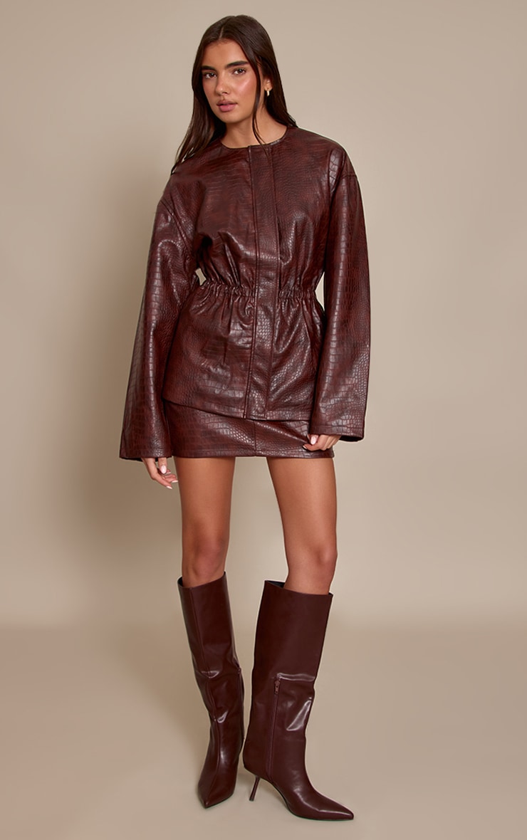 Brown Croc Faux Leather Mini Skirt image 1