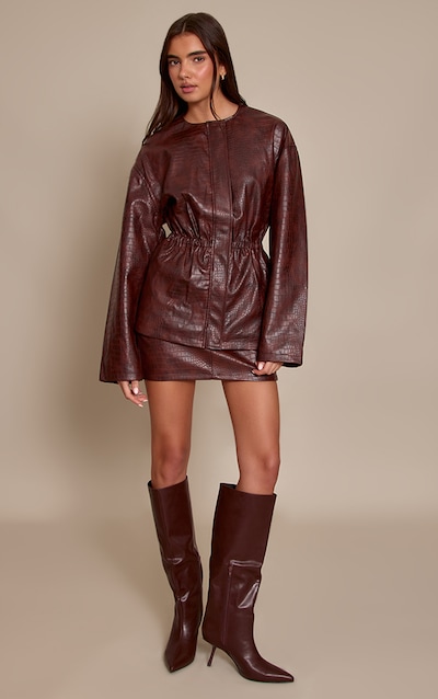 Brown Croc Faux Leather Mini Skirt
