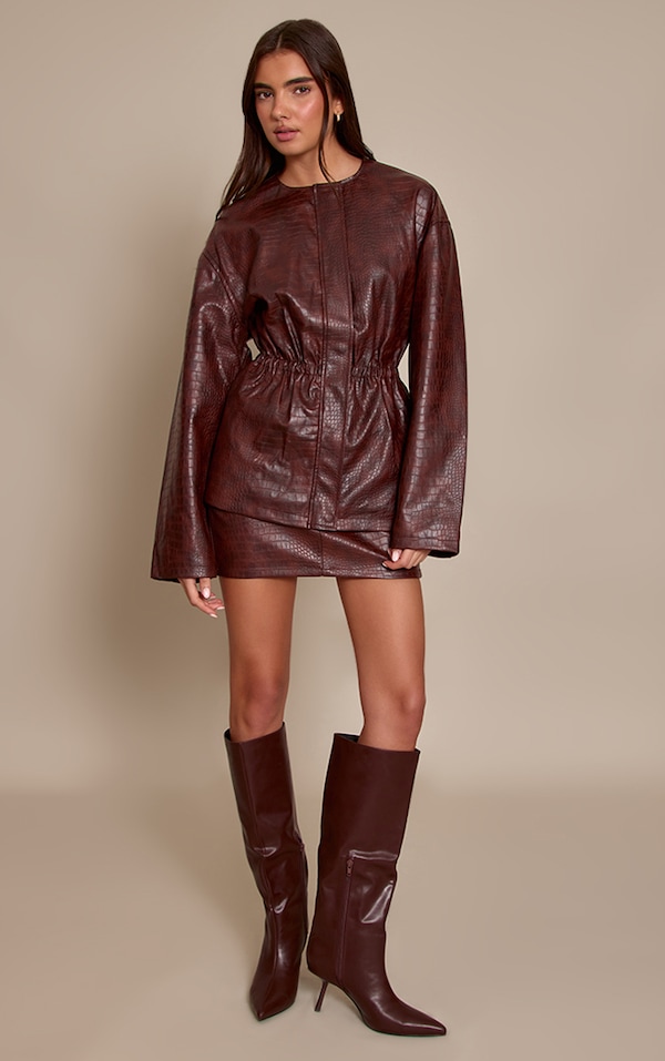 Brown Croc Faux Leather Mini Skirt