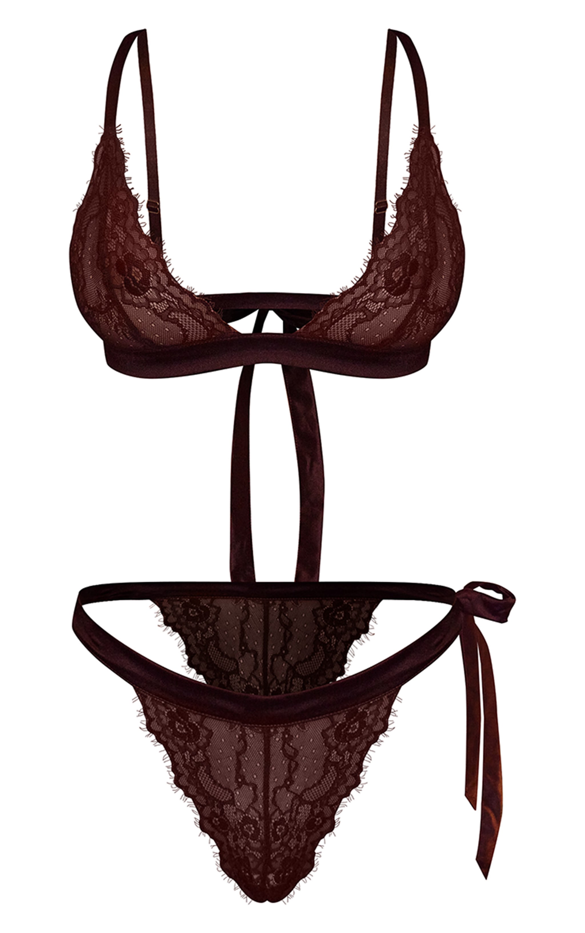 Chocolate Tie Up Detail Lace Triangle Bra & Knicker Set  image 5