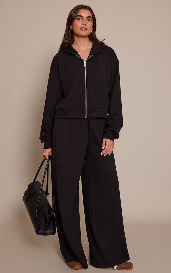 Black Interlock Extreme Wide Leg Joggers