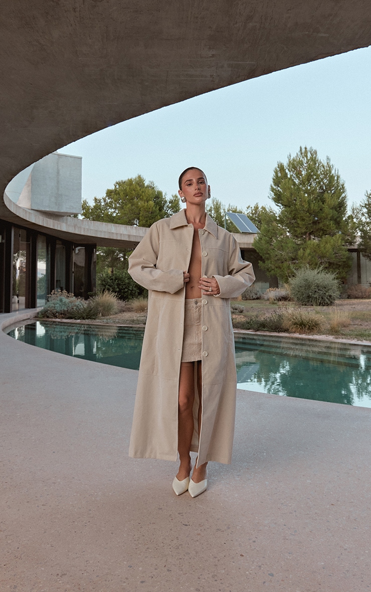 Ecru Suede Longline Button Coat image 5