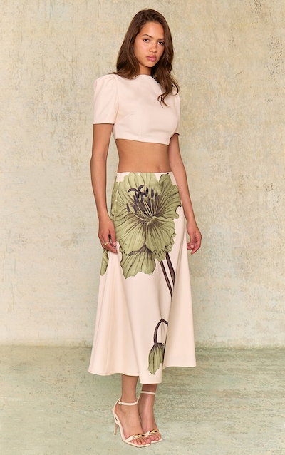 Ecru Floral Printed Midaxi Skirt