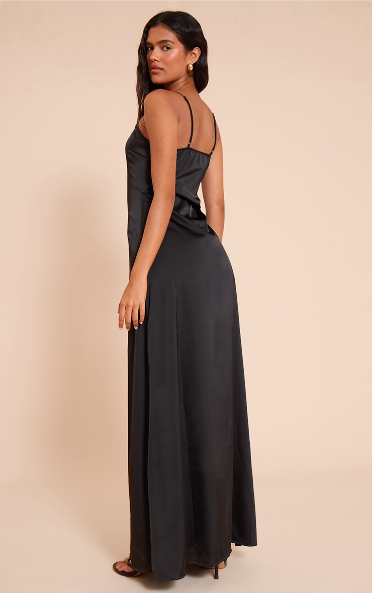 Black Satin Scoop Neck Spaghetti Strap Maxi Dress image 2