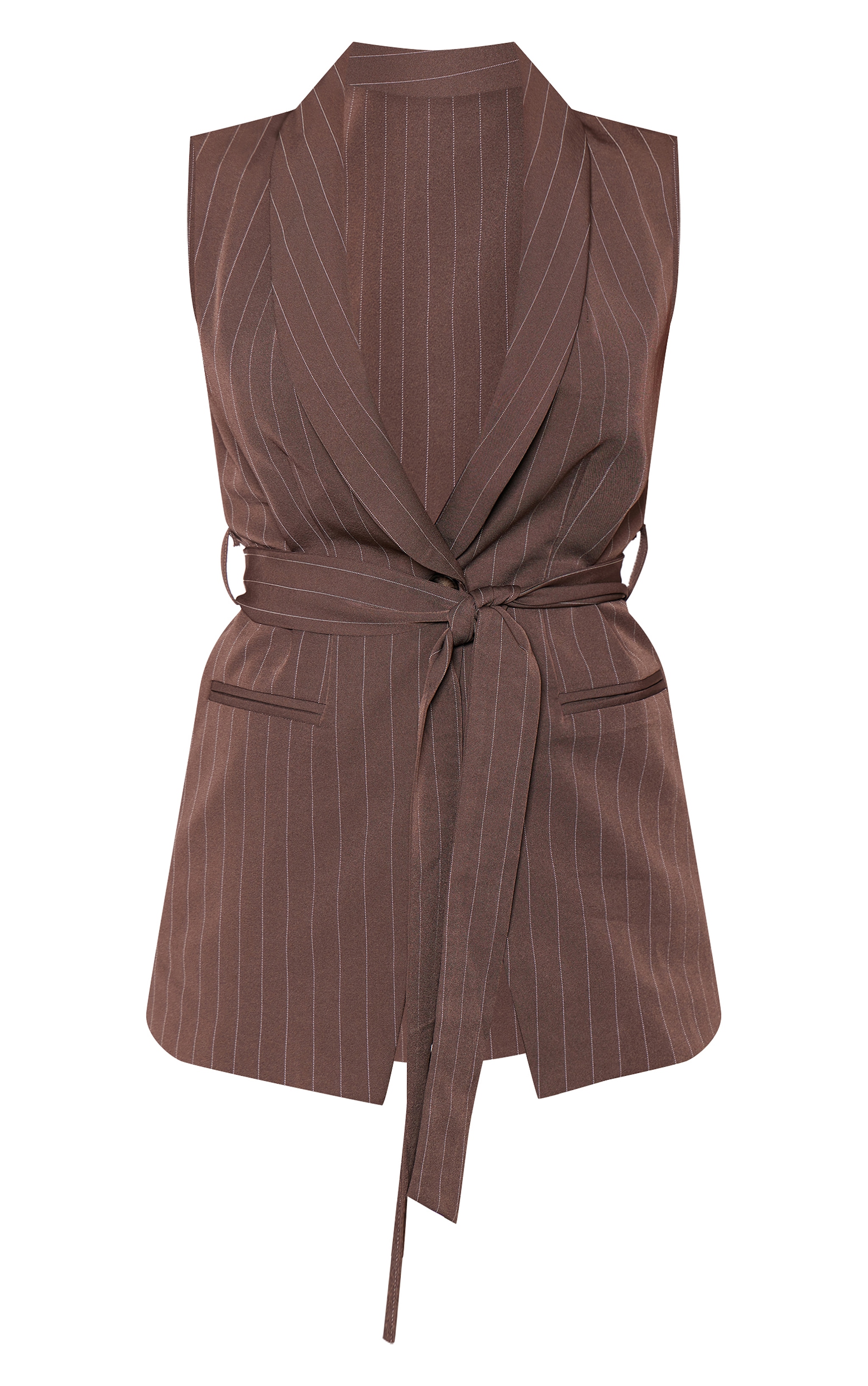 Chocolate Pinstripe Woven Tailored Belted Waist Coat image 5