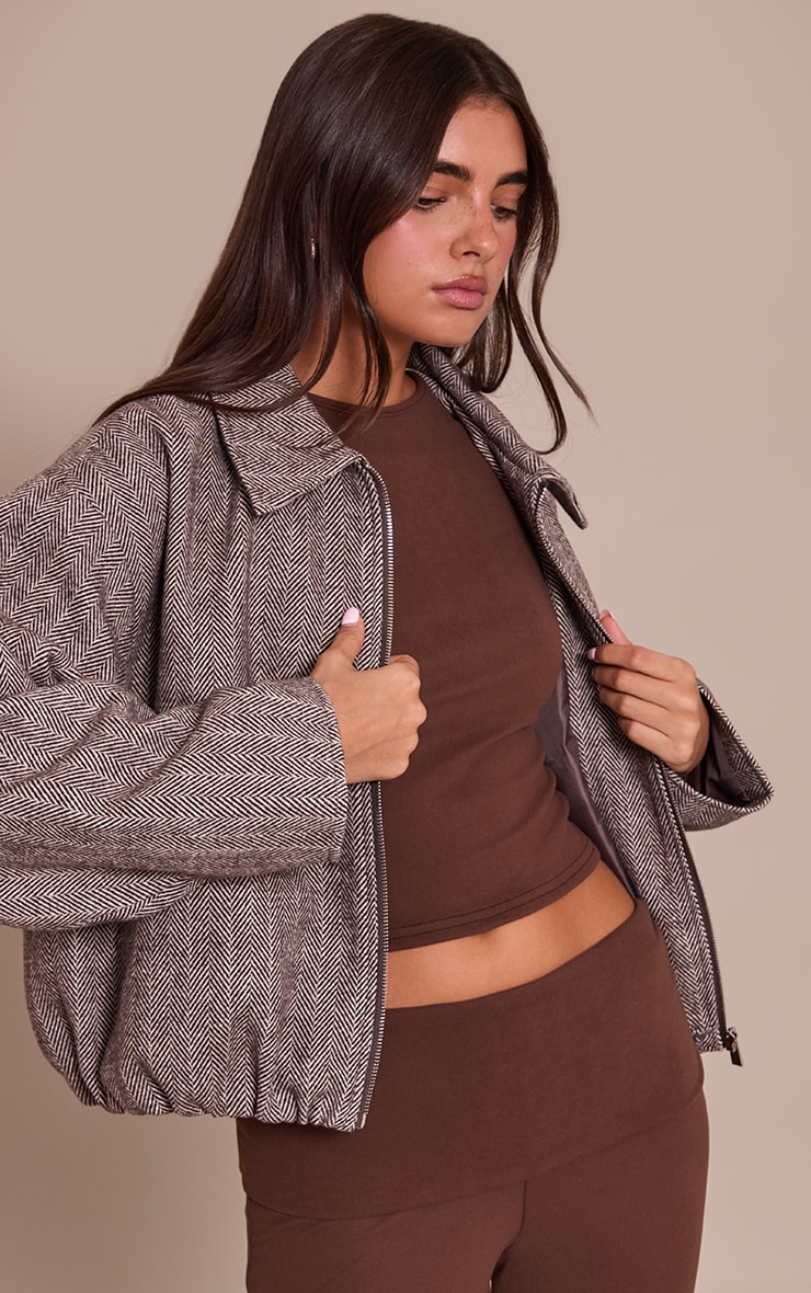 Chocolate Herringbone Bomber Jacket image 4