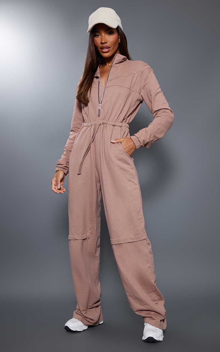Taupe Binding Detail Zip Front Sweat Jumpsuit image 1