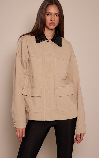 Beige Twill Contrast Collar Pocket Detail Jacket