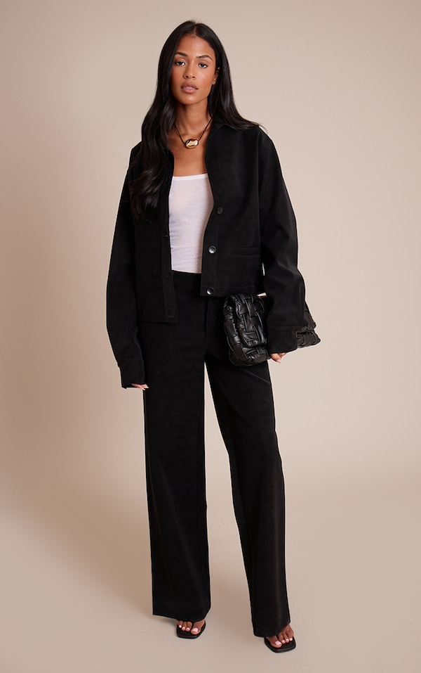 Tall Black Washed Faux Leather Wide Leg Pants