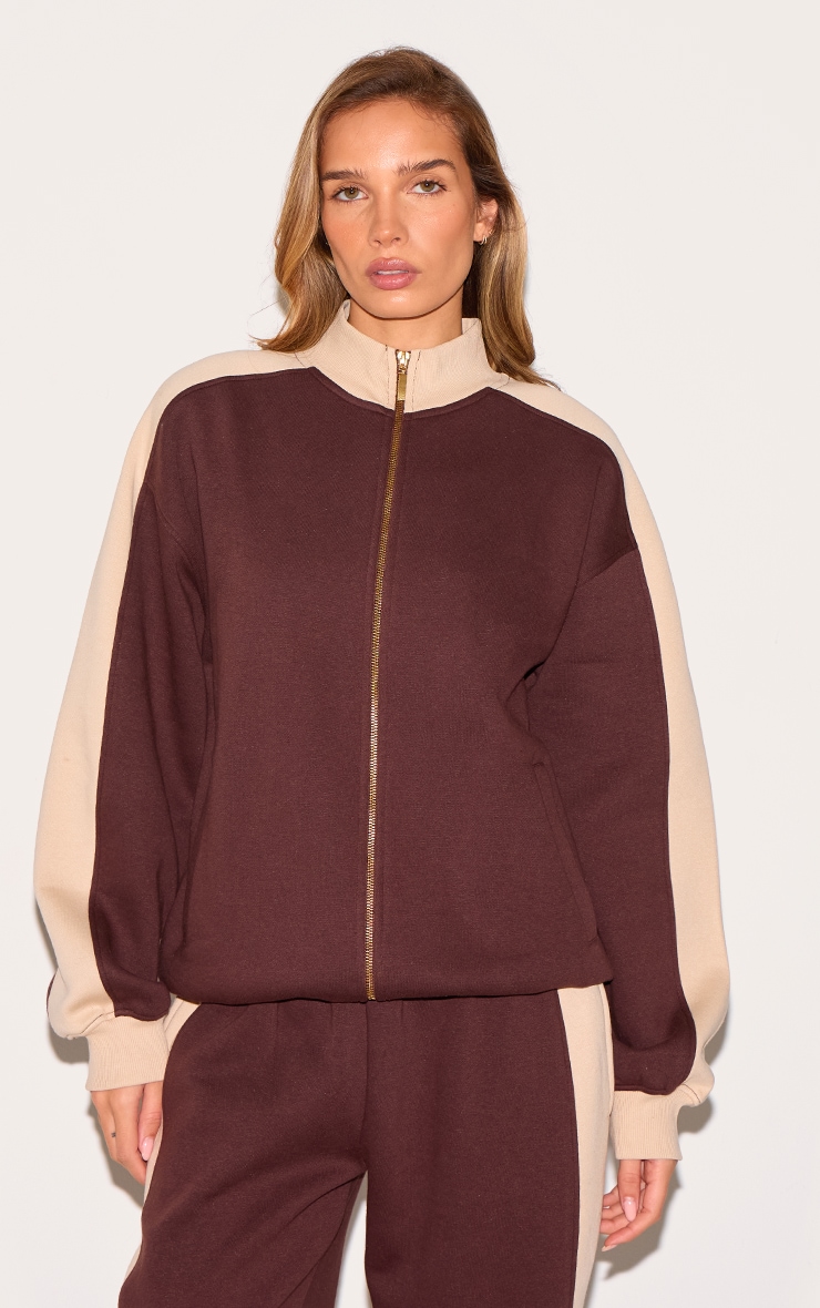 Sweat oversize chocolat à parties contrastantes et zip image 1