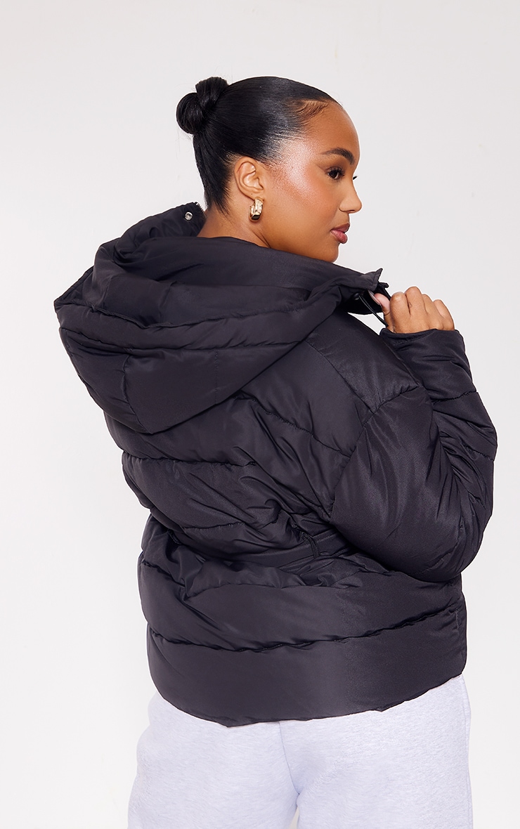 Plus Black Tie Waist Detail Puffer Coat image 2