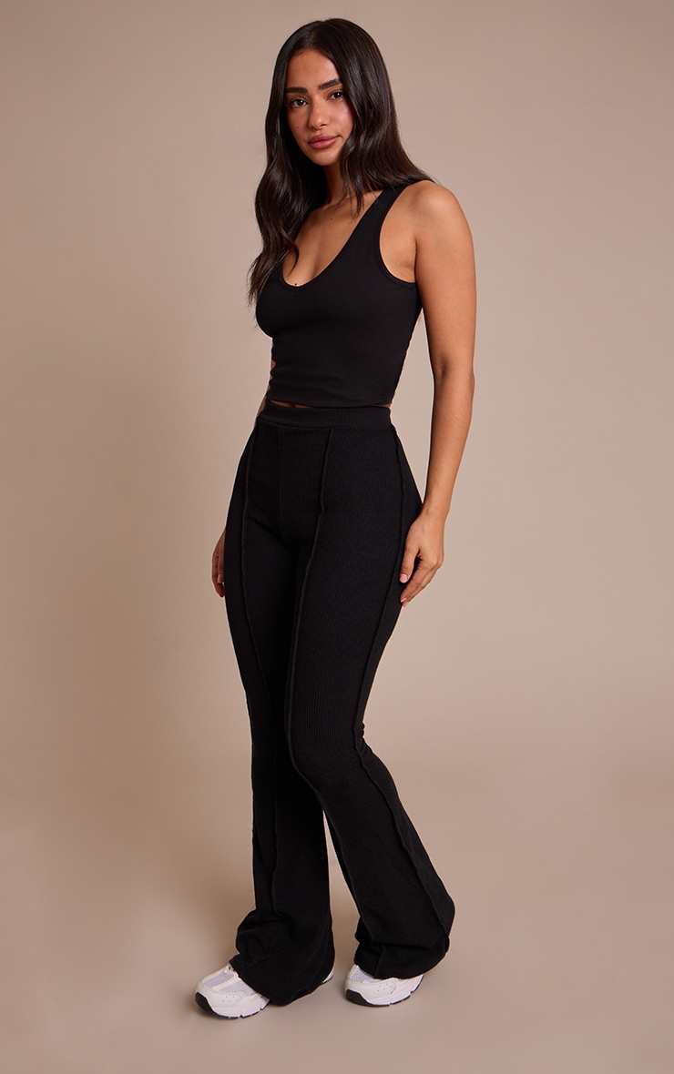 Petite Black Rib High Waist Seam Detail Flared Pants image 2
