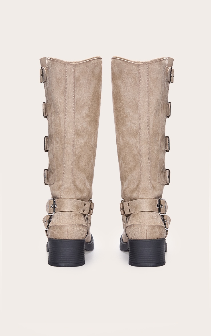 Bottes hautes rondes en suédine crème à boucles multiples style harnais image 3