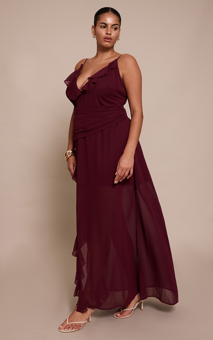 Plus Wine Chiffon Frill Plunge Strappy Maxi Dress image 3