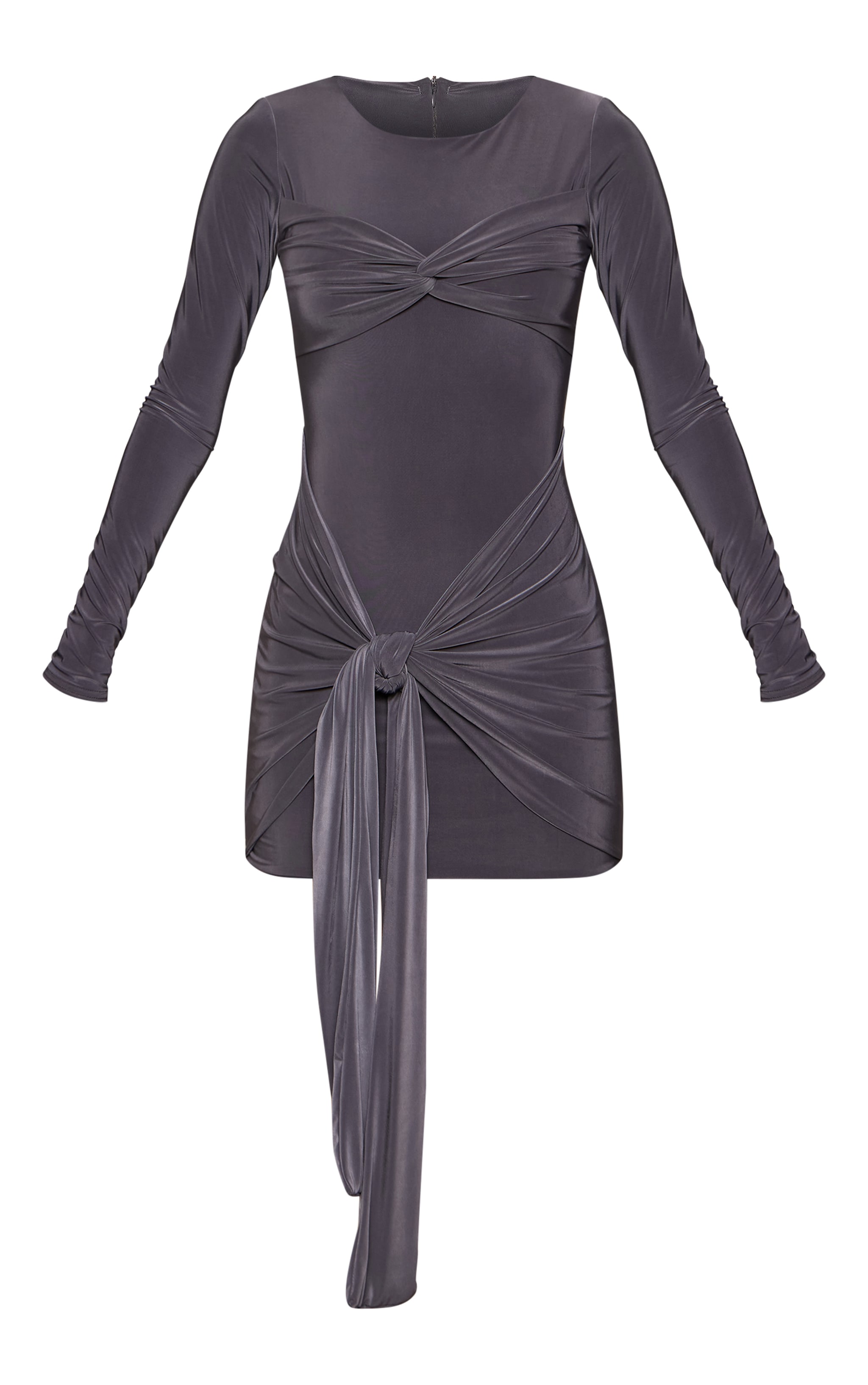 Charcoal Slinky Long Sleeve Wrap Twist Detail Mini Dress image 5