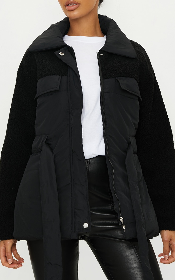 cinched waist puffer coat