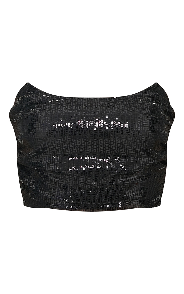 Black Sequin Woven Structured Curved Crop Top PrettyLittleThing USA