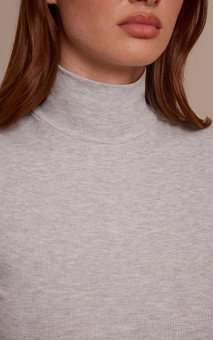 Grey Marl Soft Rib High Neck Fitted Longline T-Shirt image 4