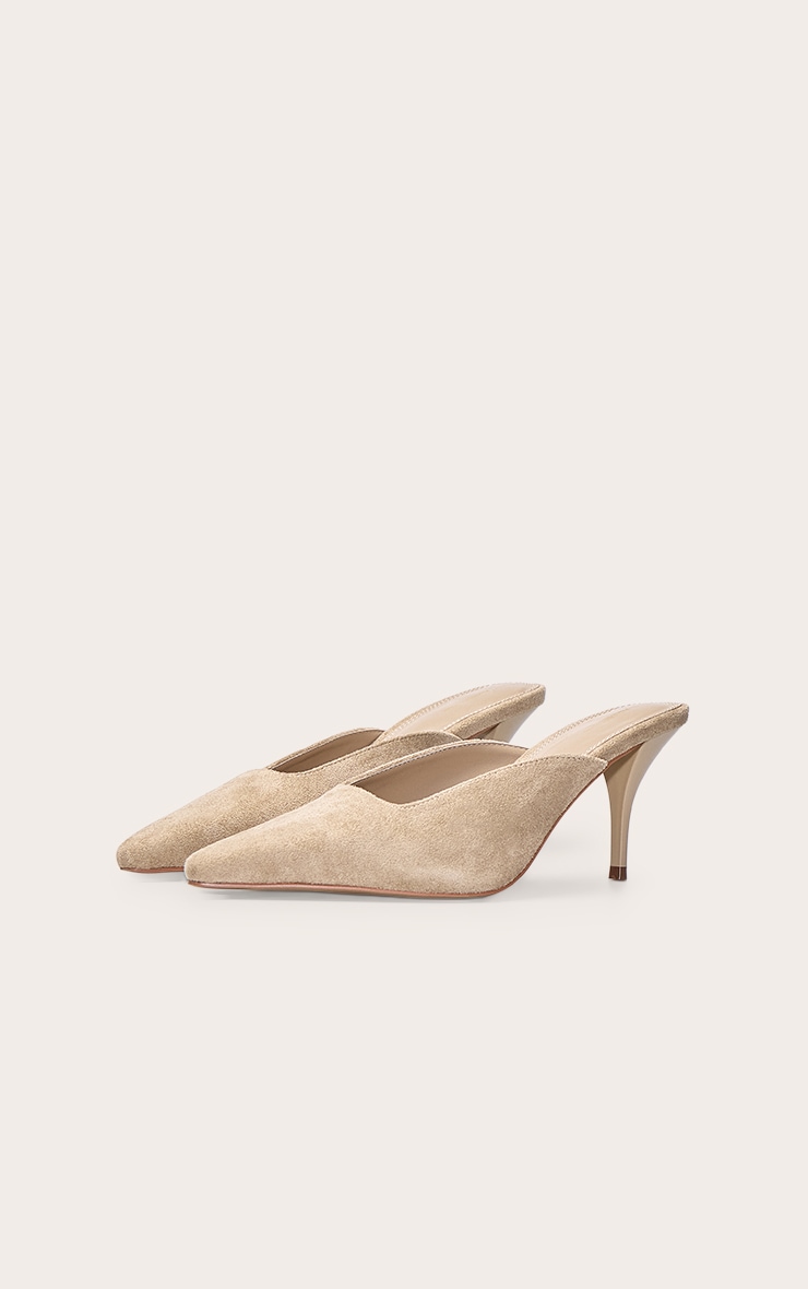 Taupe Faux Suede Squared Chiseled Toe Court Mules image 3