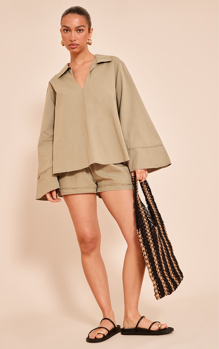 Light Khaki Cotton Woven Pleate Detail Floaty Shorts image 4