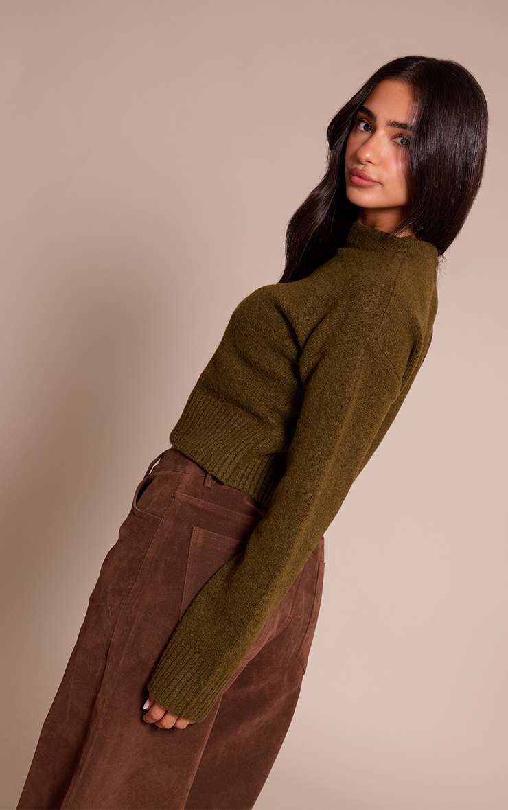 Petite Khaki Knit High Neck Crop Sweater image 2