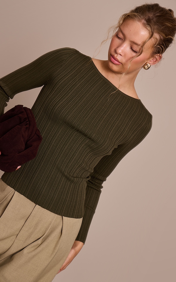 Olive Fine Knit Boat Neck Rib Knit Top