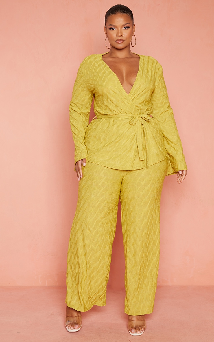 Plus Chartreuse Textured Wide Leg Trousers
