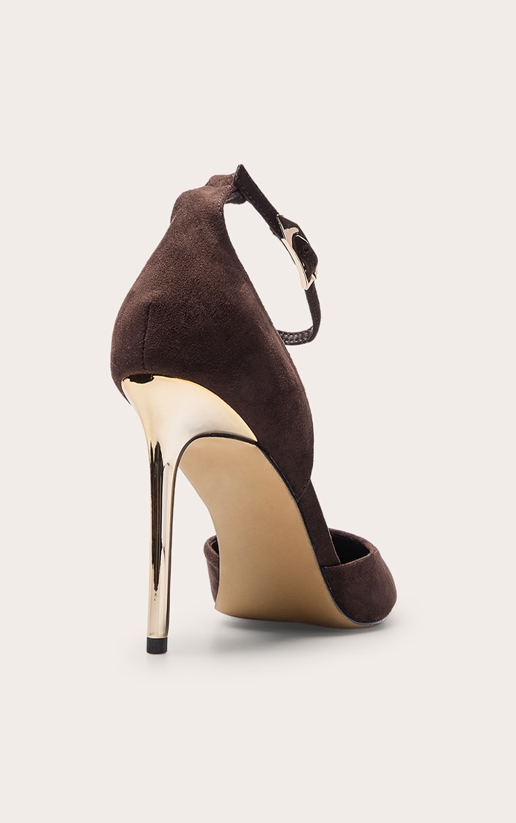 Chocolate Faux Suede Gold Heel Stiletto Court Heels image 4