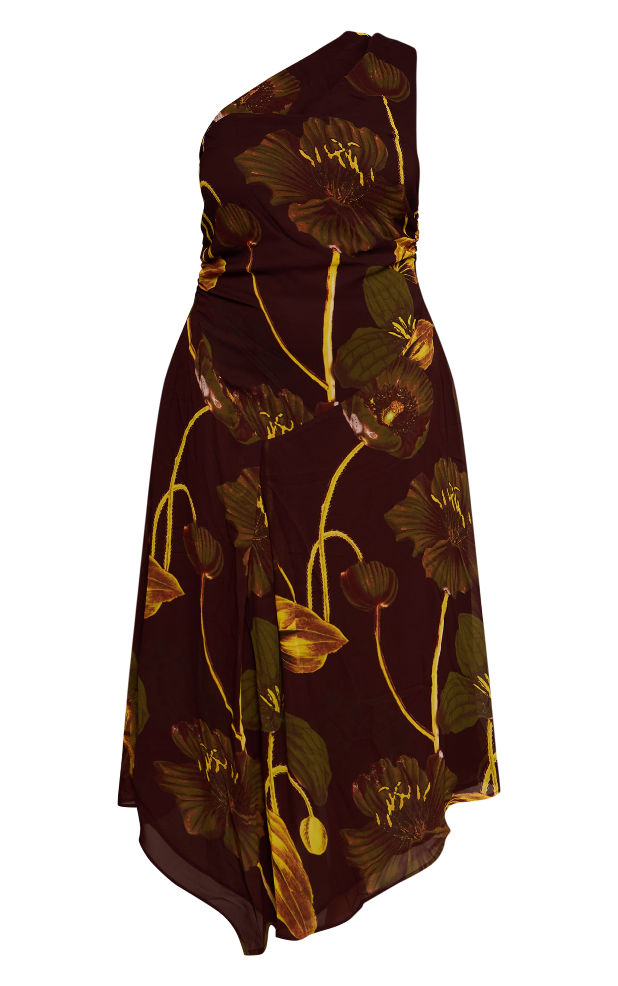 Plus Brown Floral Print Chiffon One Shoulder Maxi Dress image 5