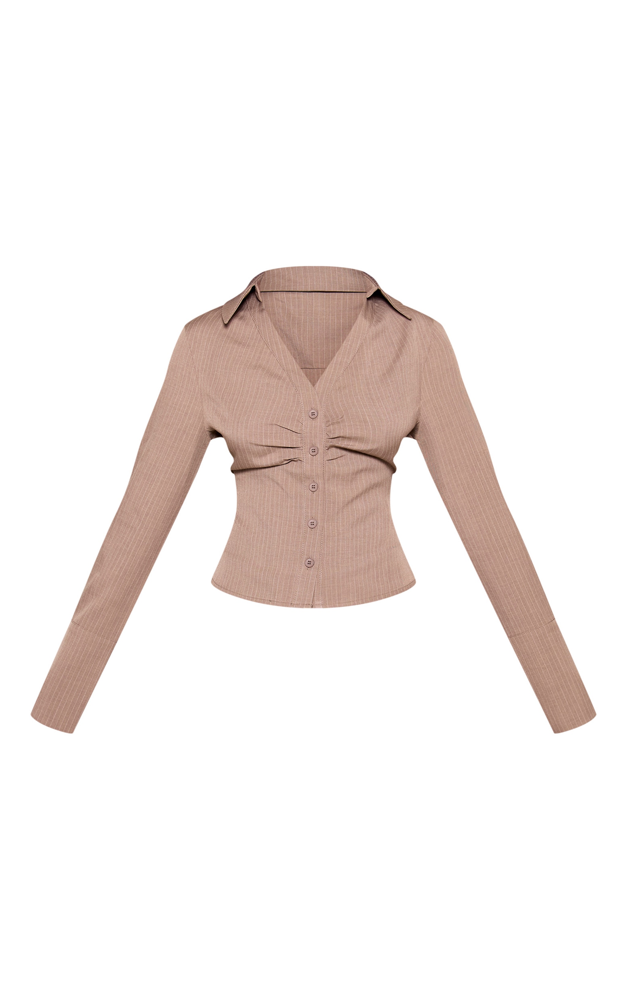 Petite Taupe Pinstripe Ruched Bust Button Up Shirt image 5